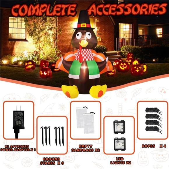 6FT Thanksgiving Inflatables Turkey Decorations with Colorful Tail, Lights - Picture 5 of 6